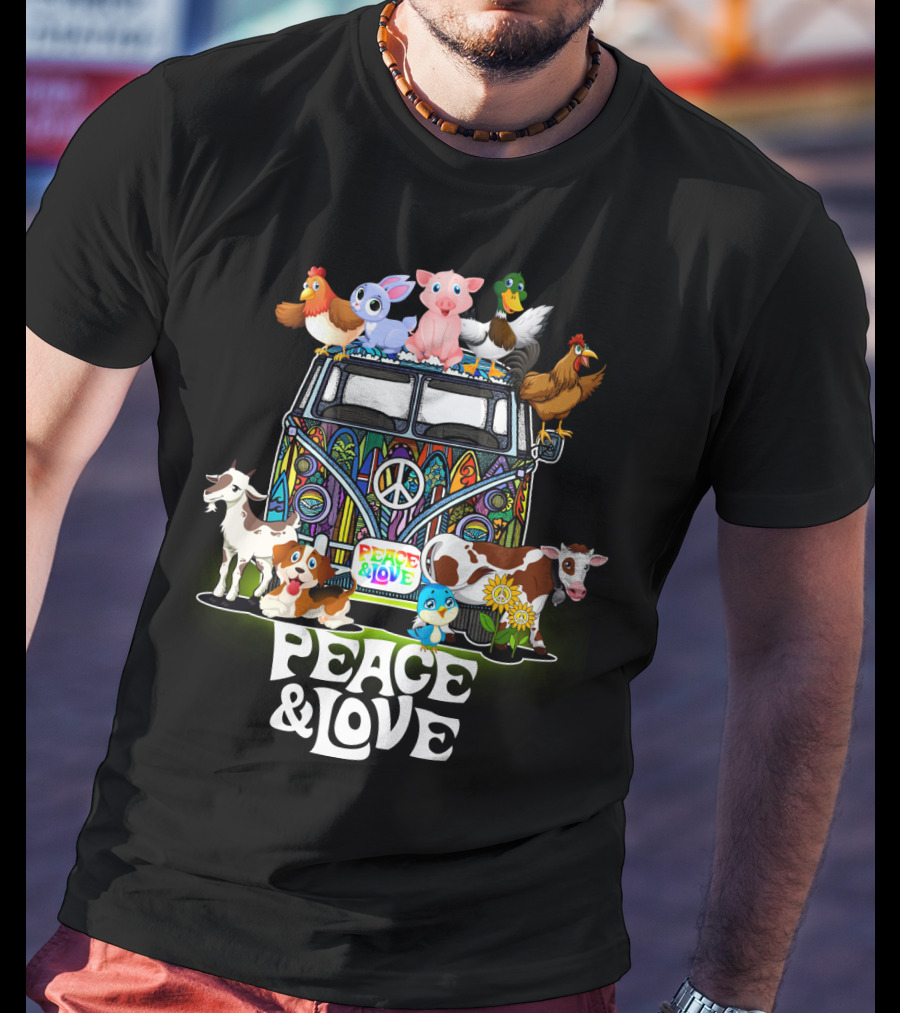 Peace And Love Farmer Animals Van With Peace Sign T-Shirt