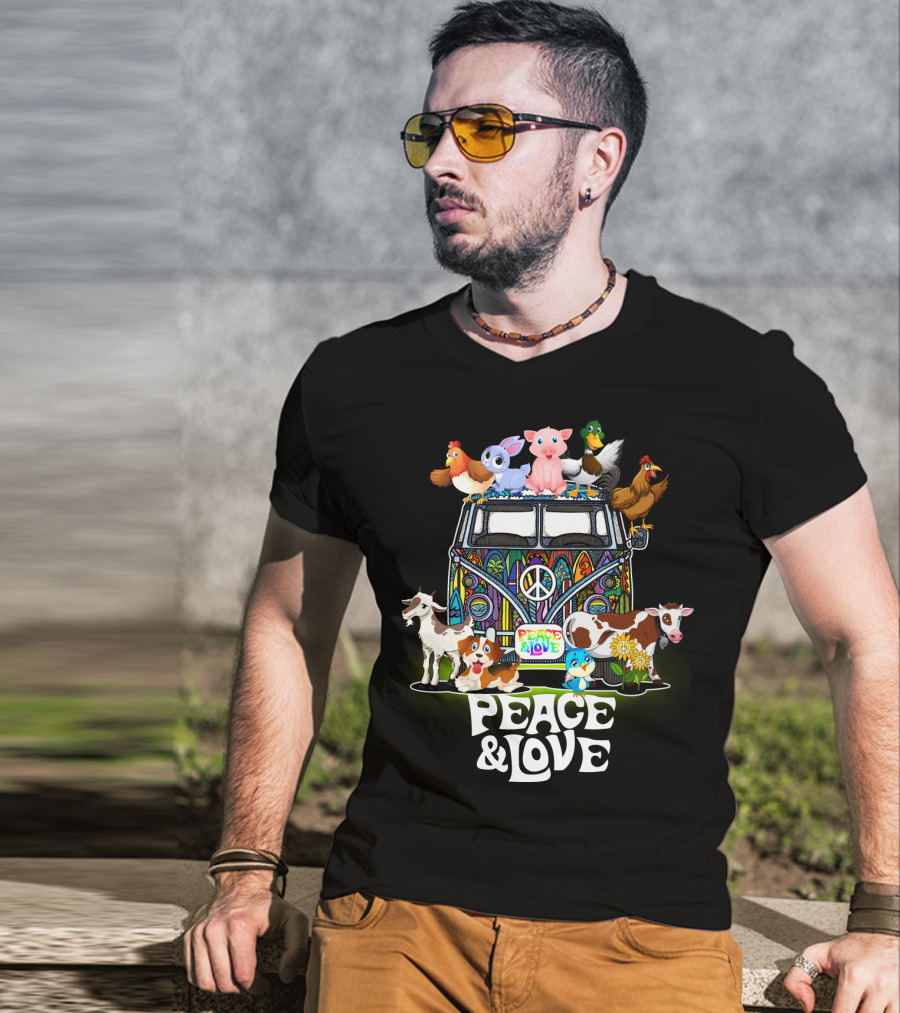 Peace And Love Farmer Animals Van With Peace Sign T-Shirt