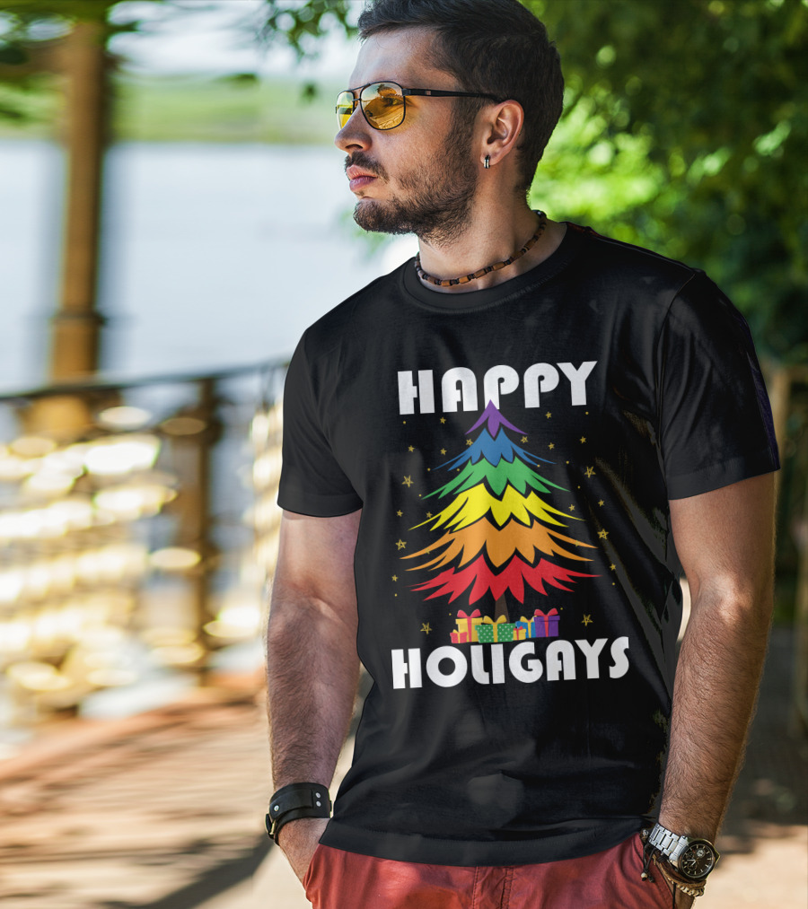 Happy Holigays Rainbow Christmas Tree And Presents T-Shirt