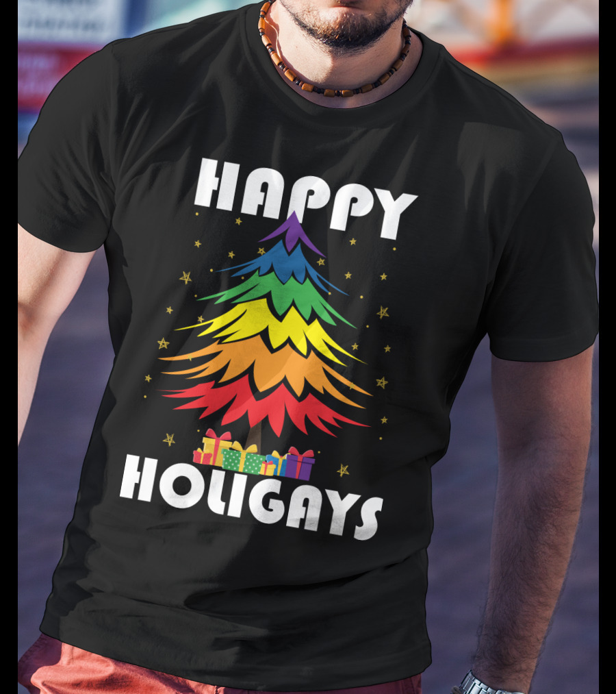 Happy Holigays Rainbow Christmas Tree And Presents T-Shirt