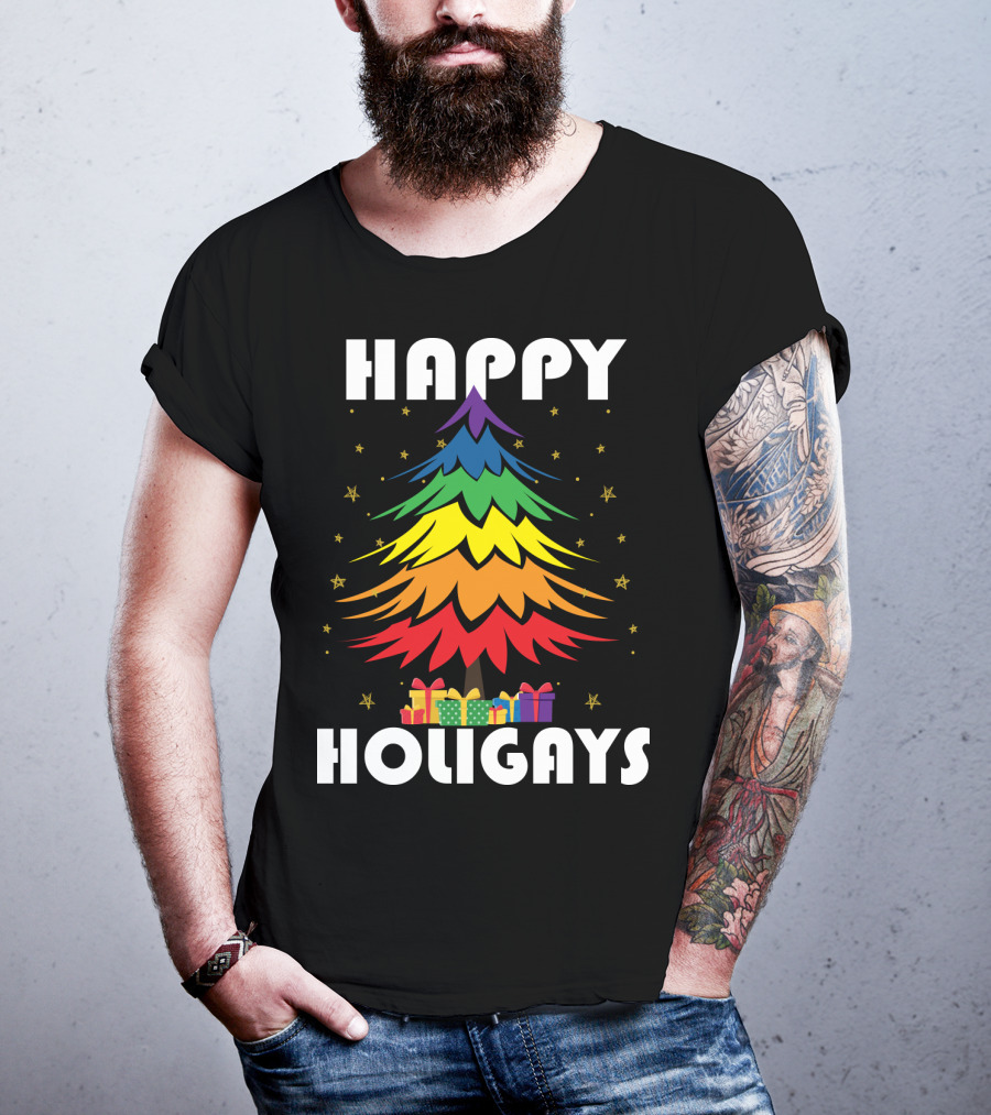 Happy Holigays Rainbow Christmas Tree And Presents T-Shirt