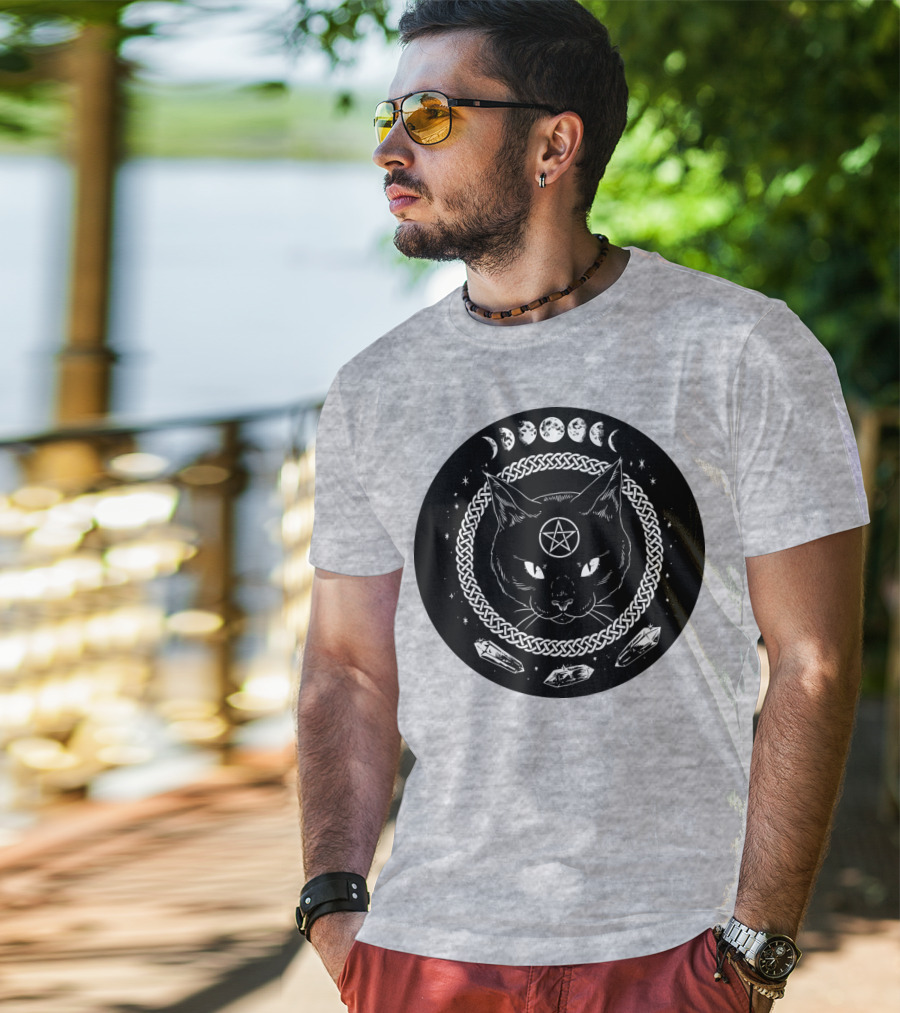 Cat Moon Magic Pentacle Phases Crystals Lunar Cycle T-Shirt