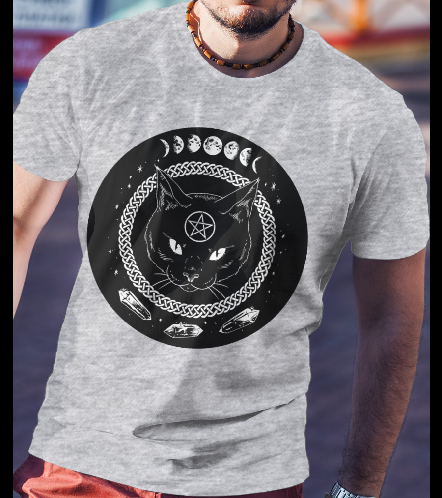 Cat Moon Magic Pentacle Phases Crystals Lunar Cycle T-Shirt