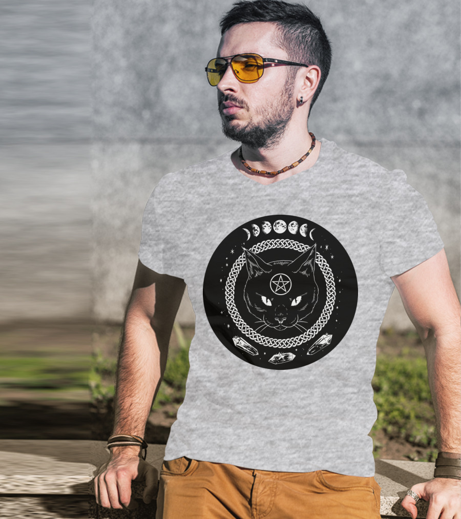 Cat Moon Magic Pentacle Phases Crystals Lunar Cycle T-Shirt