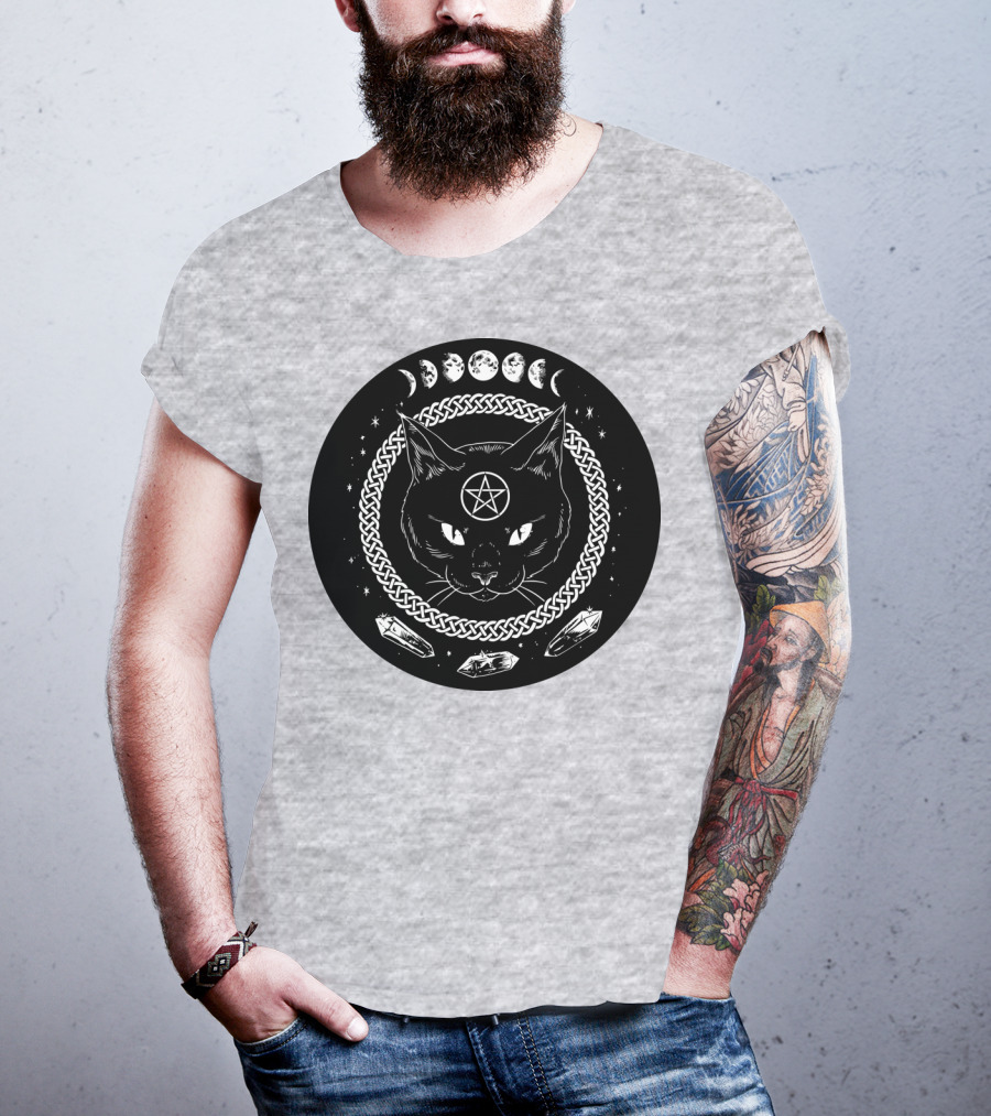 Cat Moon Magic Pentacle Phases Crystals Lunar Cycle T-Shirt
