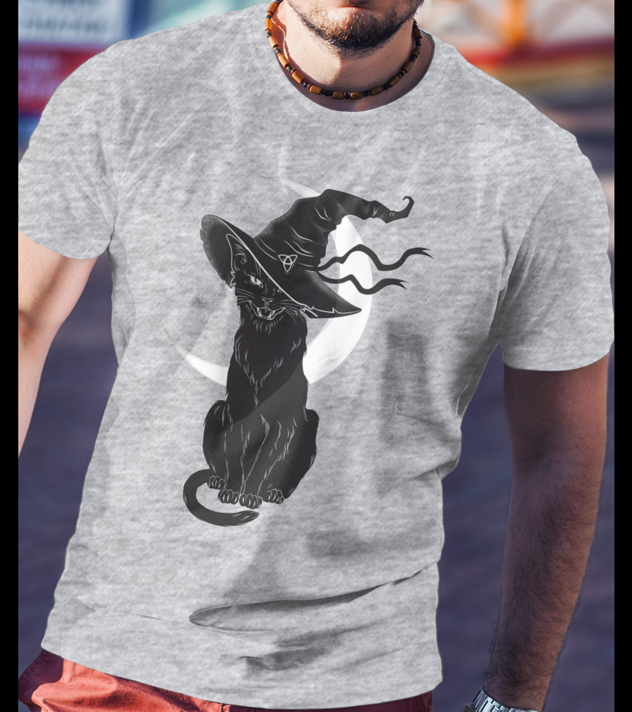 Cat Witch With Crescent Moon And Magic Hat T-Shirt
