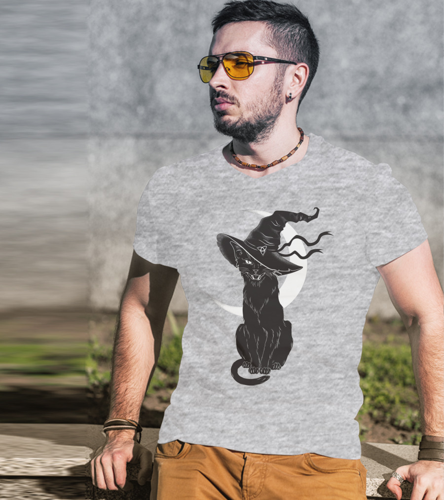 Cat Witch With Crescent Moon And Magic Hat T-Shirt