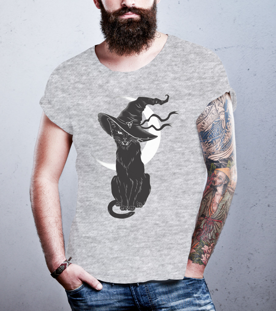 Cat Witch With Crescent Moon And Magic Hat T-Shirt