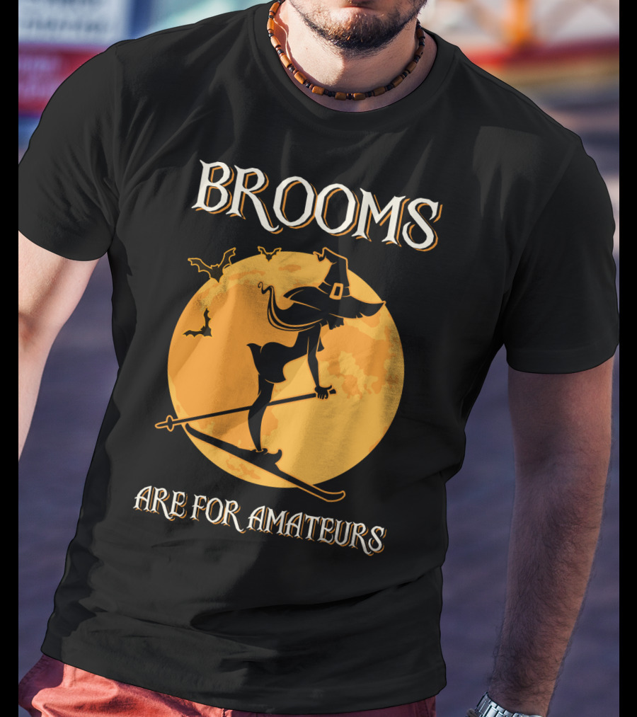 Brooms Are For Amateurs Witch Skiing Silhouette Halloween Moon T-Shirt