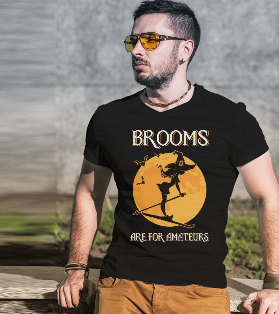 Brooms Are For Amateurs Witch Skiing Silhouette Halloween Moon T-Shirt