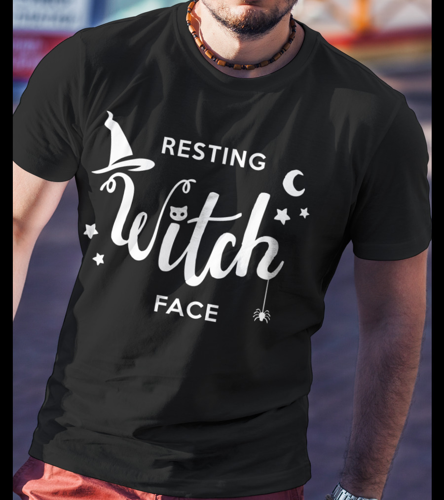 Resting Witch Face Hat Stars Moon Spider Cat T-Shirt