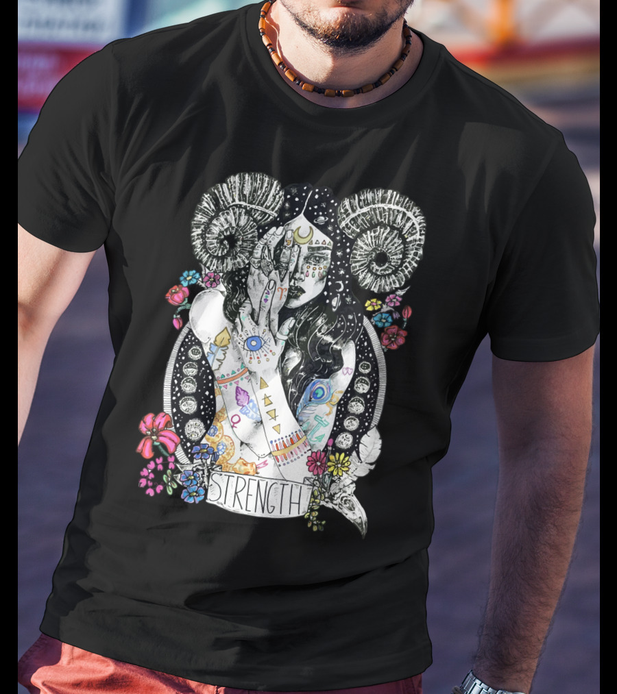 Strength Zodiac Goddess With Symbols And Flowers T-Shirt