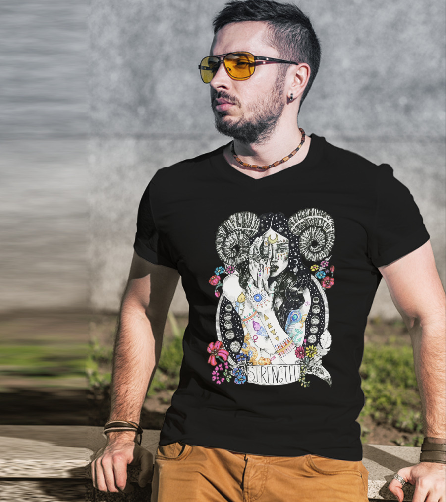 Strength Zodiac Goddess With Symbols And Flowers T-Shirt