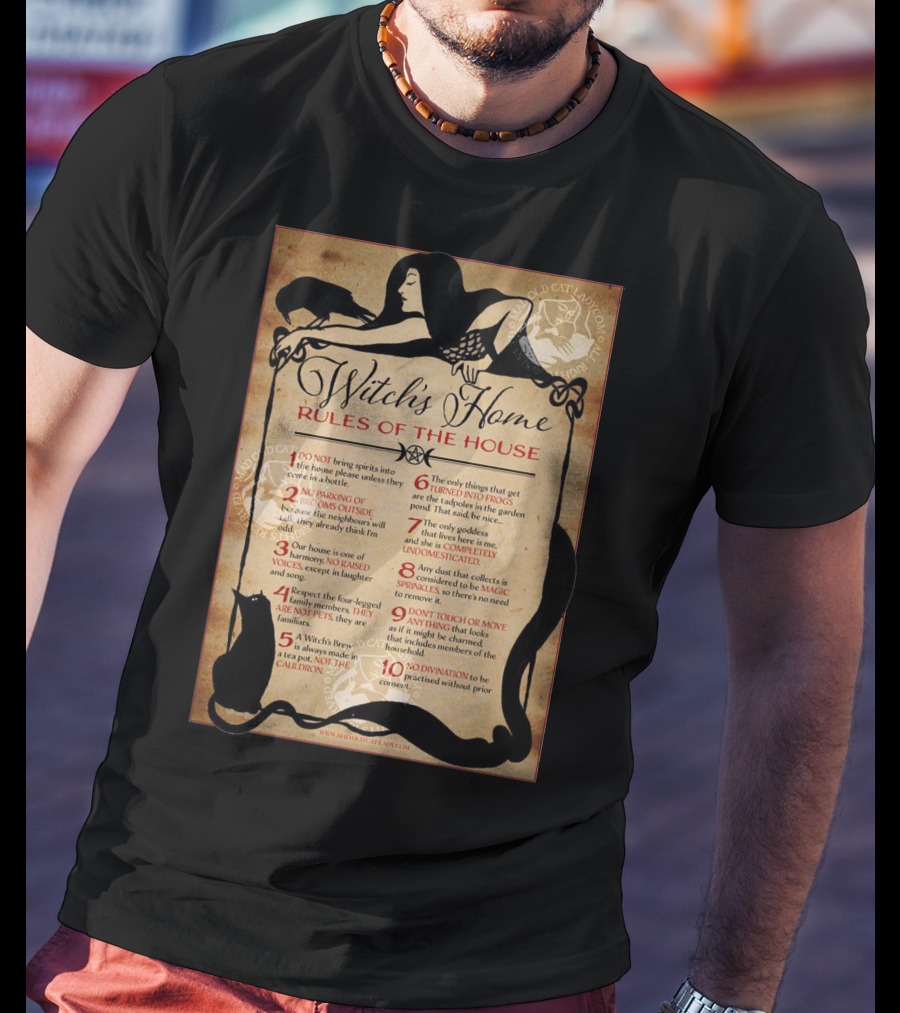 Witch's Home Rules Of The House Guide With Black Cat, Raven, Potion, Magic, And Enchanting Text Elements T-Shirt