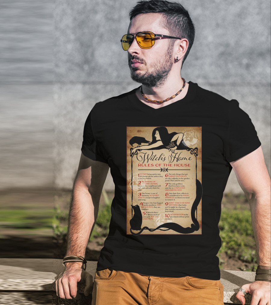 Witch's Home Rules Of The House Guide With Black Cat, Raven, Potion, Magic, And Enchanting Text Elements T-Shirt
