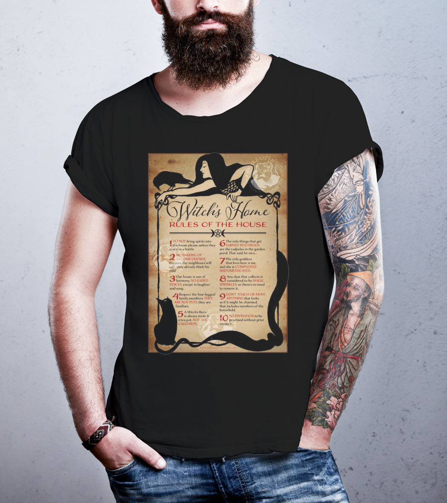 Witch's Home Rules Of The House Guide With Black Cat, Raven, Potion, Magic, And Enchanting Text Elements T-Shirt