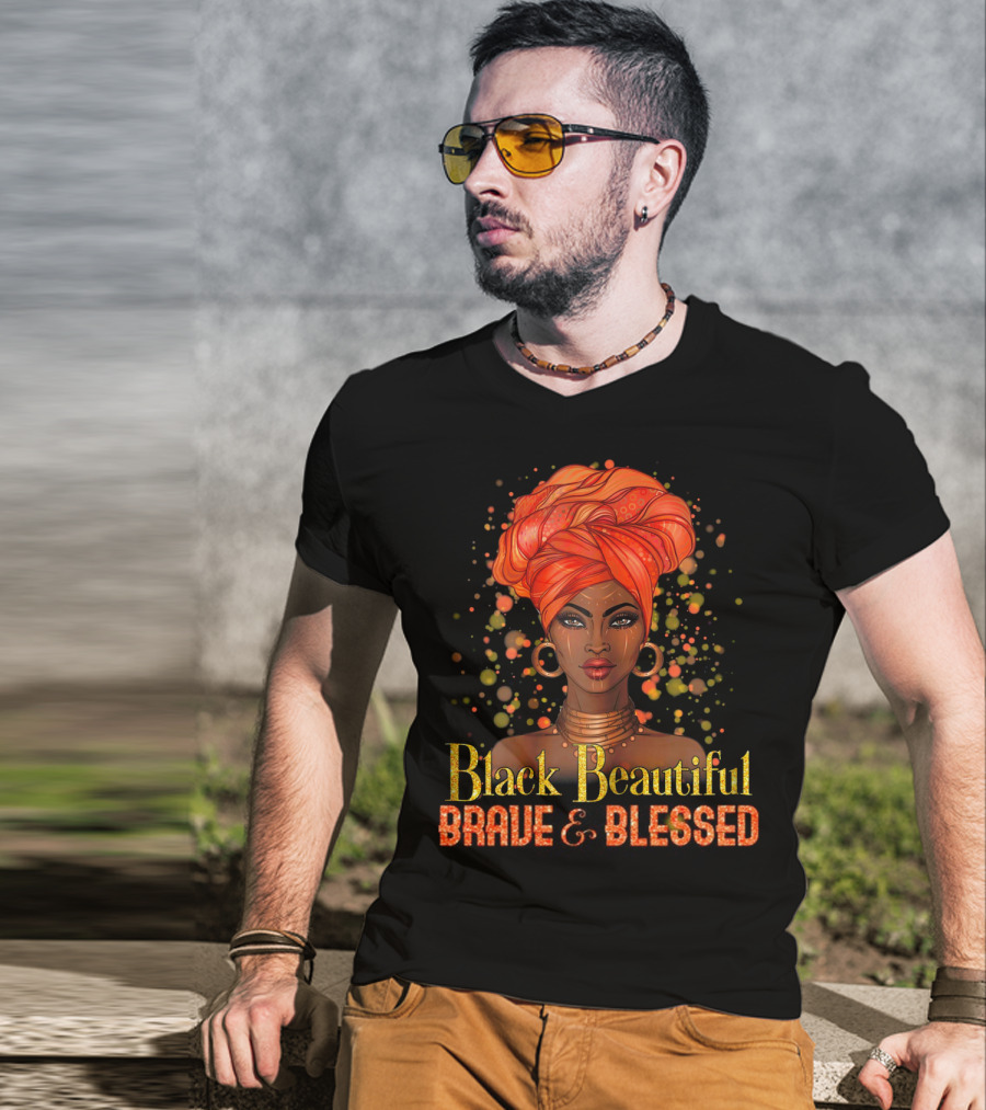Black Beautiful Brave And Blessed African Woman With Orange Headwrap T-Shirt