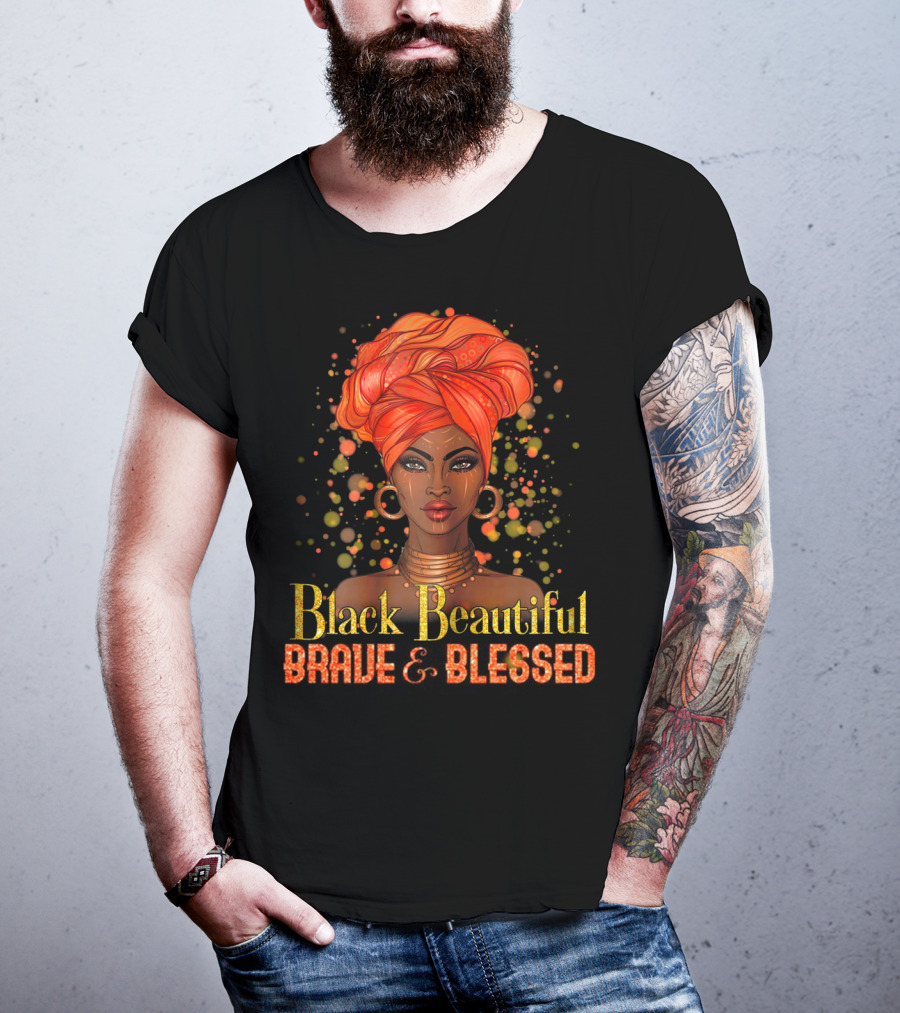Black Beautiful Brave And Blessed African Woman With Orange Headwrap T-Shirt