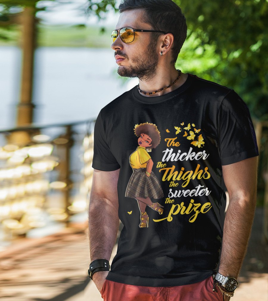 The Thicker The Thighs The Sweeter The Prize Butterfly Woman In Yellow And Plaid Skirt T-Shirt