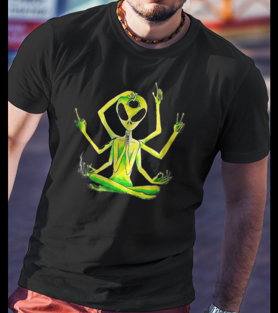 Alien Third Eye Meditation Yoga Pose With Multiple Arms T-Shirt