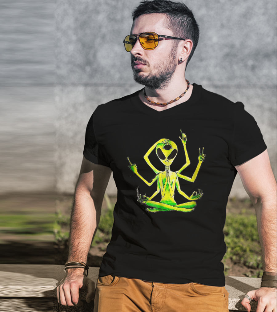 Alien Third Eye Meditation Yoga Pose With Multiple Arms T-Shirt