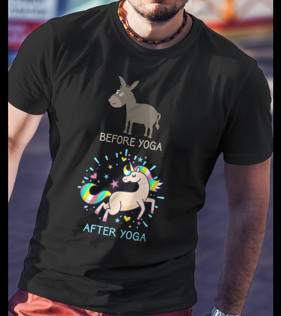 Before Yoga Donkey After Yoga Fantasy Unicorn Transformation T-Shirt