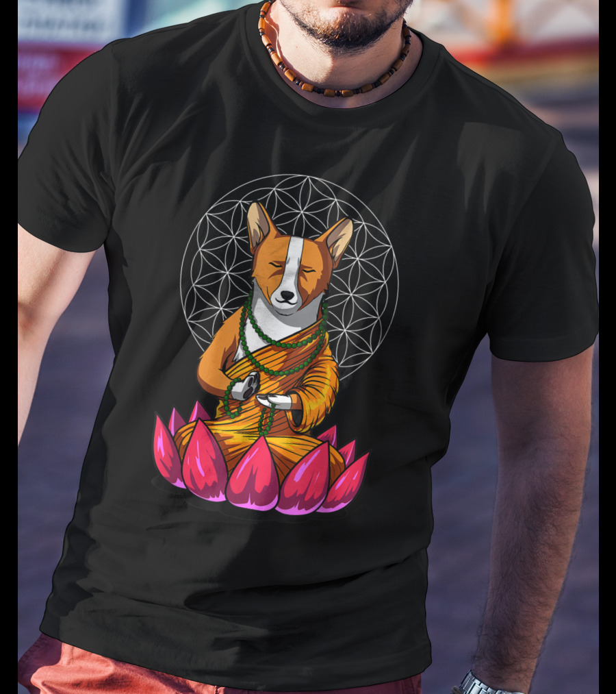 Corgi Dog Meditating In Buddha Pose With Lotus And Mandala Background T-Shirt