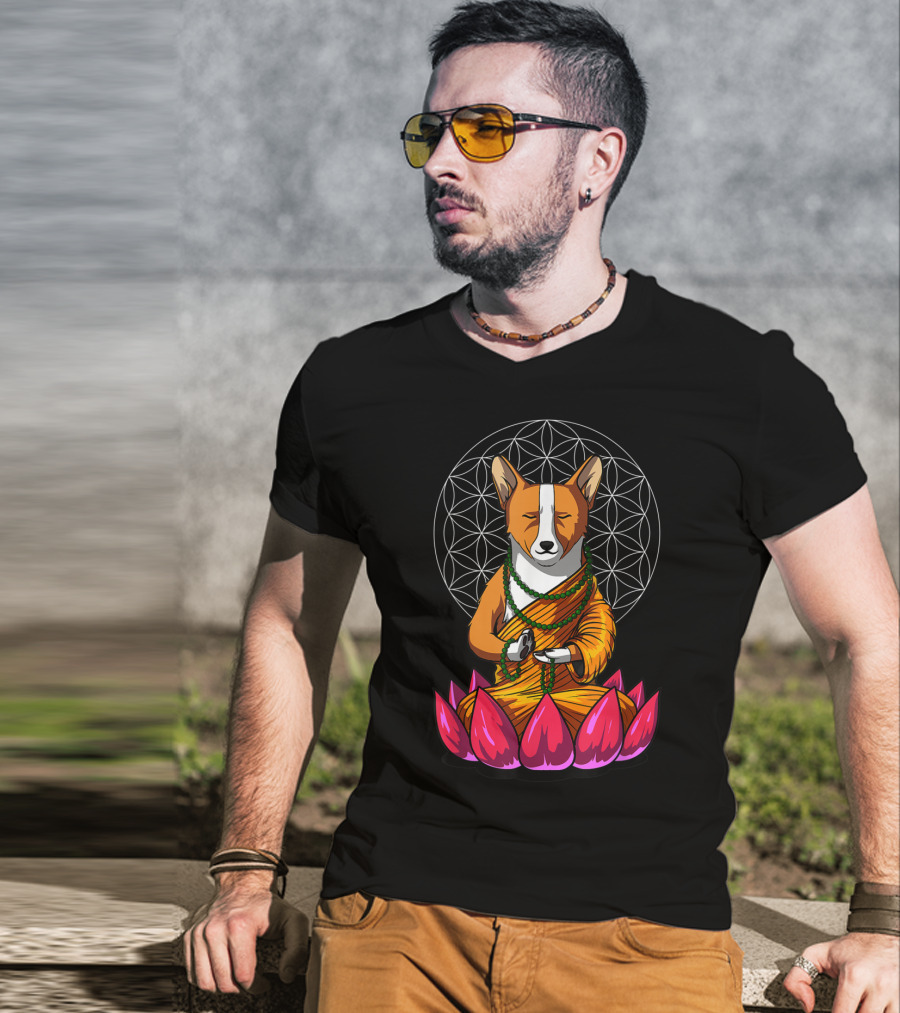 Corgi Dog Meditating In Buddha Pose With Lotus And Mandala Background T-Shirt