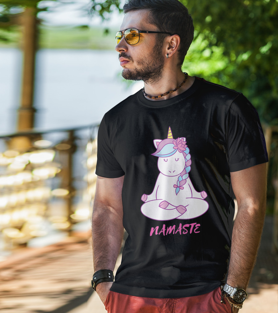 Namaste Unicorn Meditation Yoga Pose With Om Symbol And Flower Mane T-Shirt