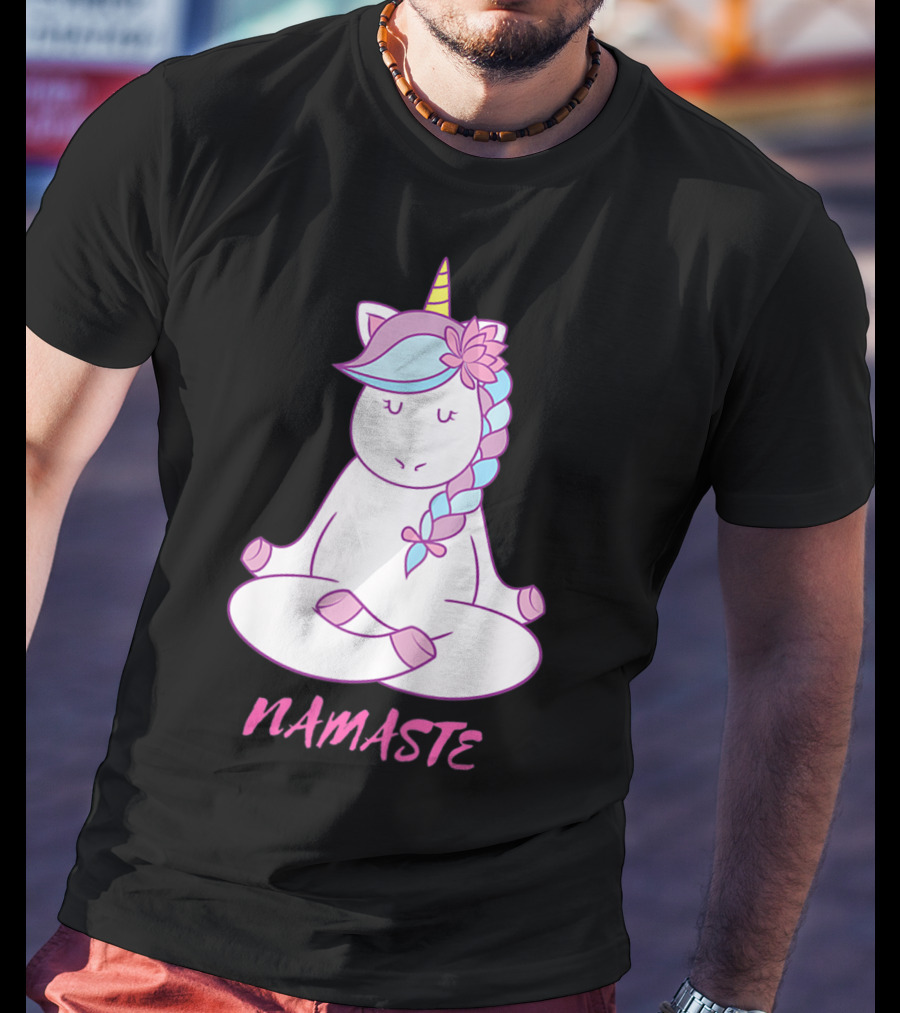 Namaste Unicorn Meditation Yoga Pose With Om Symbol And Flower Mane T-Shirt