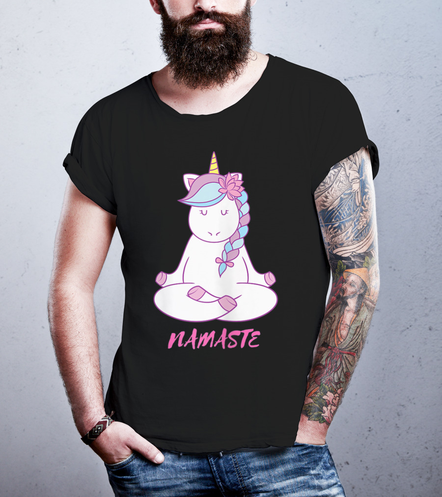 Namaste Unicorn Meditation Yoga Pose With Om Symbol And Flower Mane T-Shirt