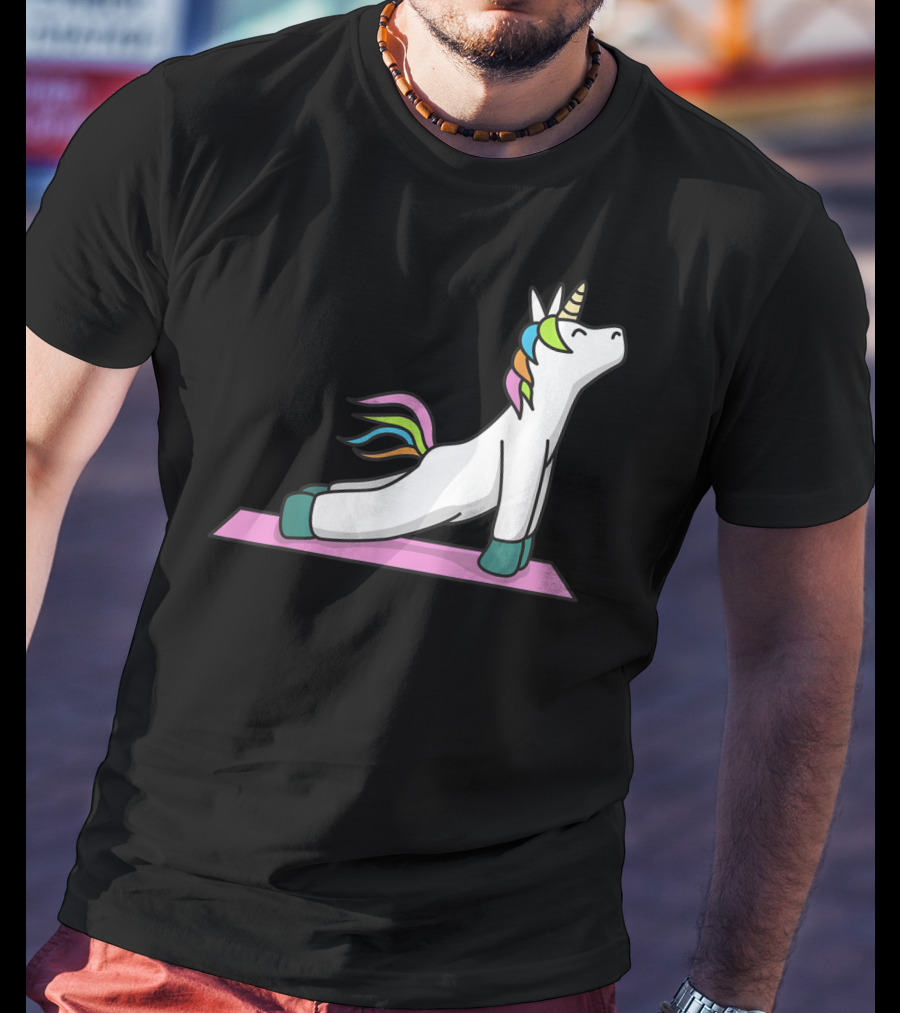 Cute Yoga Unicorn Meditation Fitness Pose With Rainbow Mane T-Shirt
