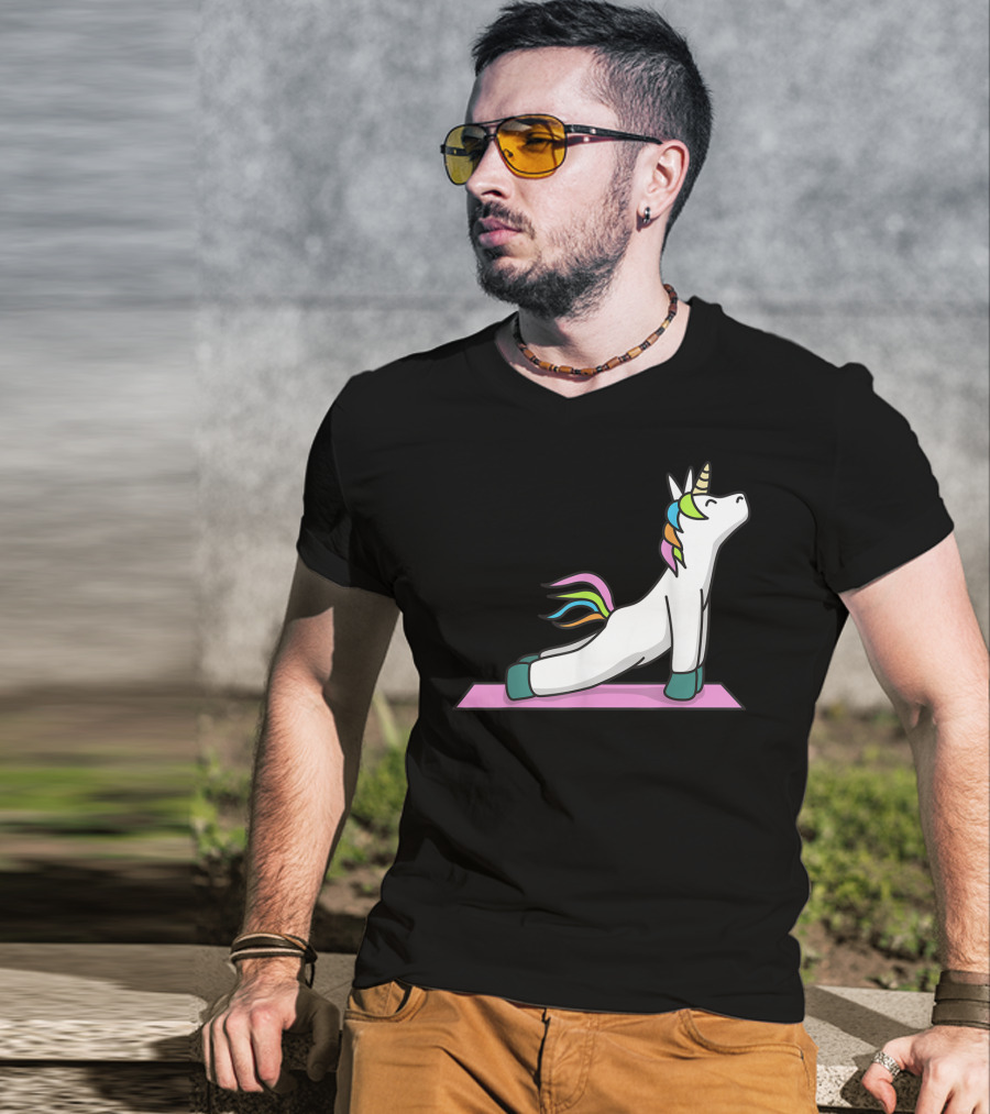 Cute Yoga Unicorn Meditation Fitness Pose With Rainbow Mane T-Shirt