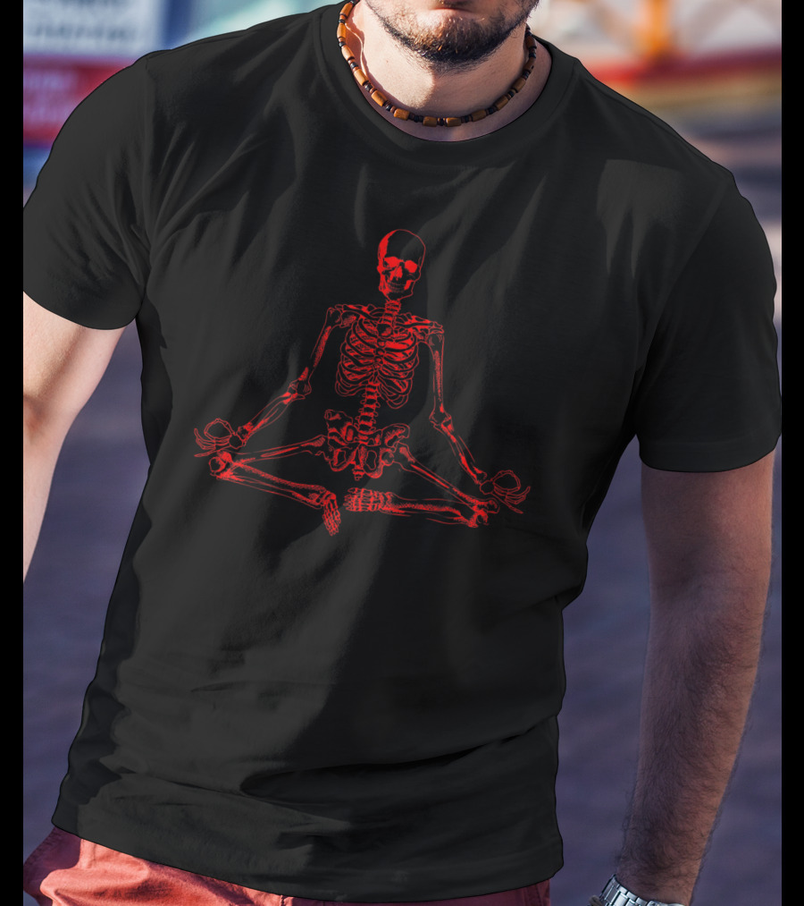 Halloween Meditating Skeleton Red Funny Freaky T-Shirt