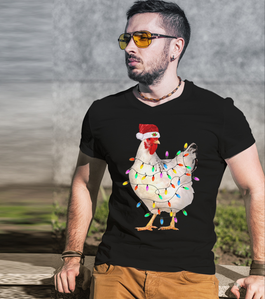 Chicken Light Christmas Santa Hat String Lights T-Shirt