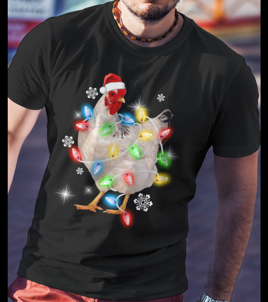 Chicken Noel Christmas Lights Santa Hat Snowflakes T-Shirt