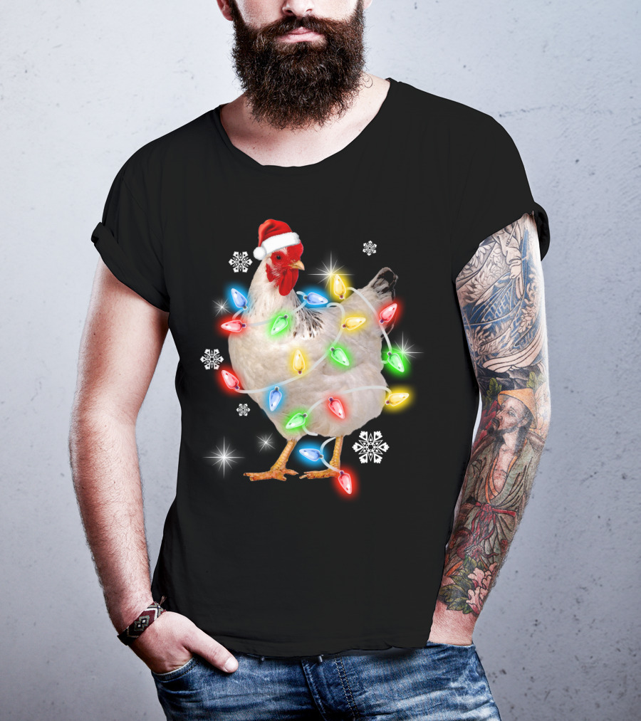 Chicken Noel Christmas Lights Santa Hat Snowflakes T-Shirt