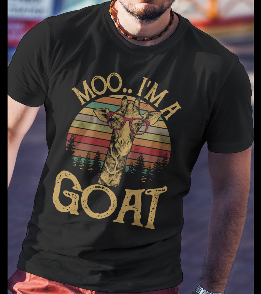 Moo I'm A Goat Retro Giraffe With Glasses And Forest Sunset T-Shirt