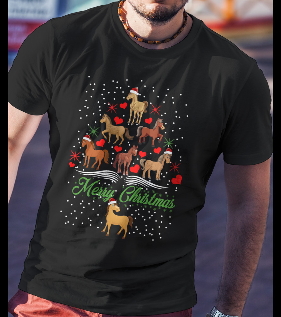 Merry Christmas Horses Santa Hats Hearts Snowflakes T-Shirt