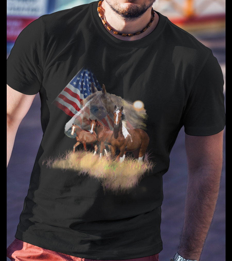 American Flag Majestic Horse Trio T-Shirt