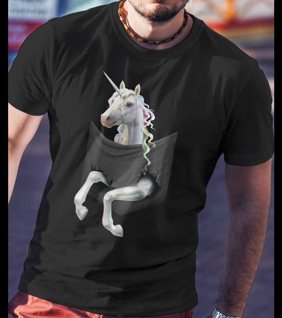 Unicorn Peeking From Torn Pocket T-Shirt