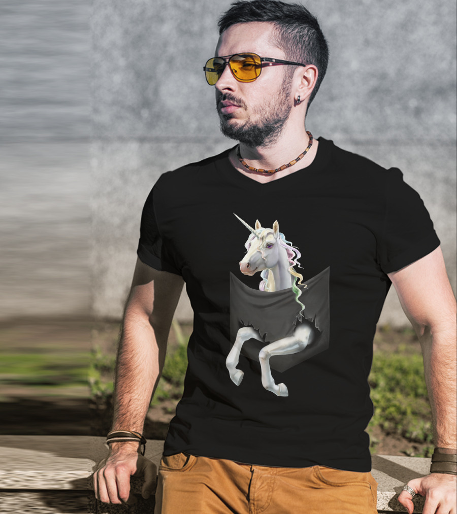 Unicorn Peeking From Torn Pocket T-Shirt