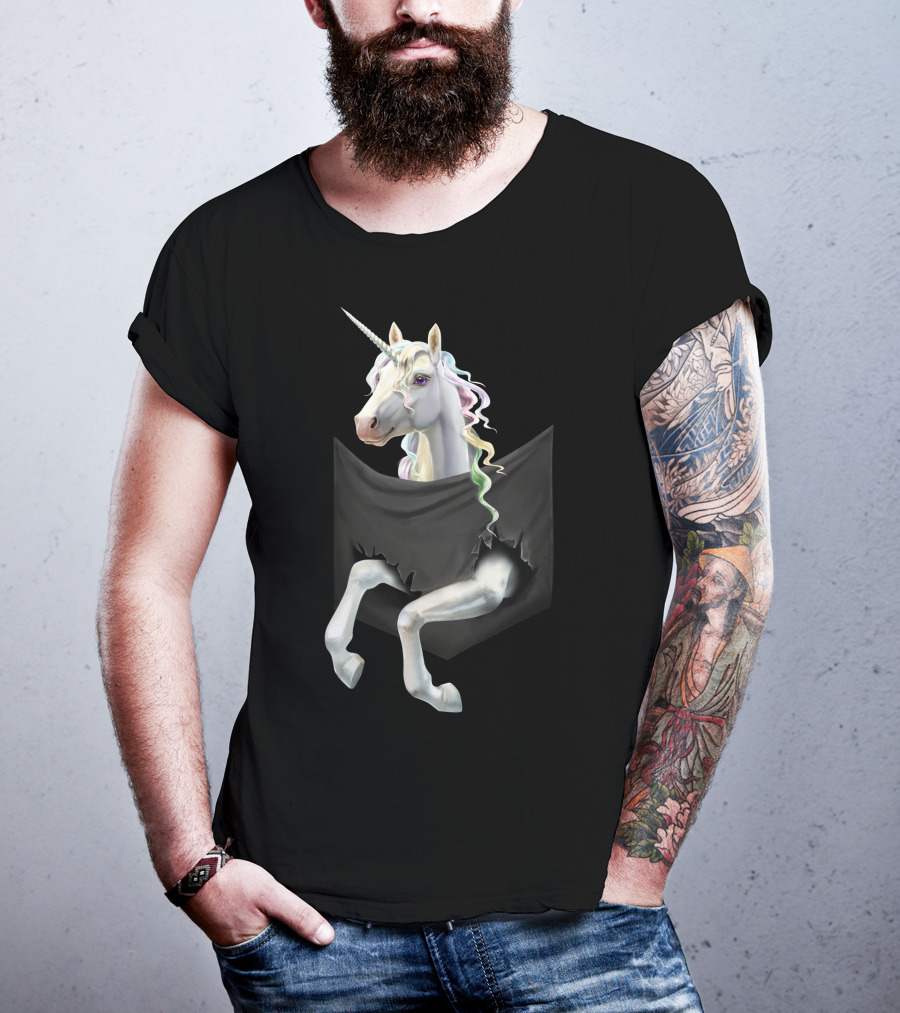 Unicorn Peeking From Torn Pocket T-Shirt