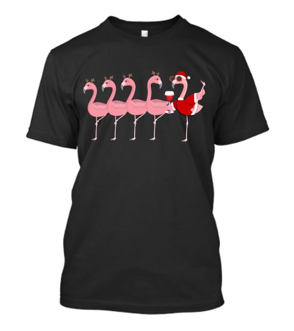 Christmas Flamingo Wine Santa Glass Holiday Party Reindeer Antlers T-Shirt
