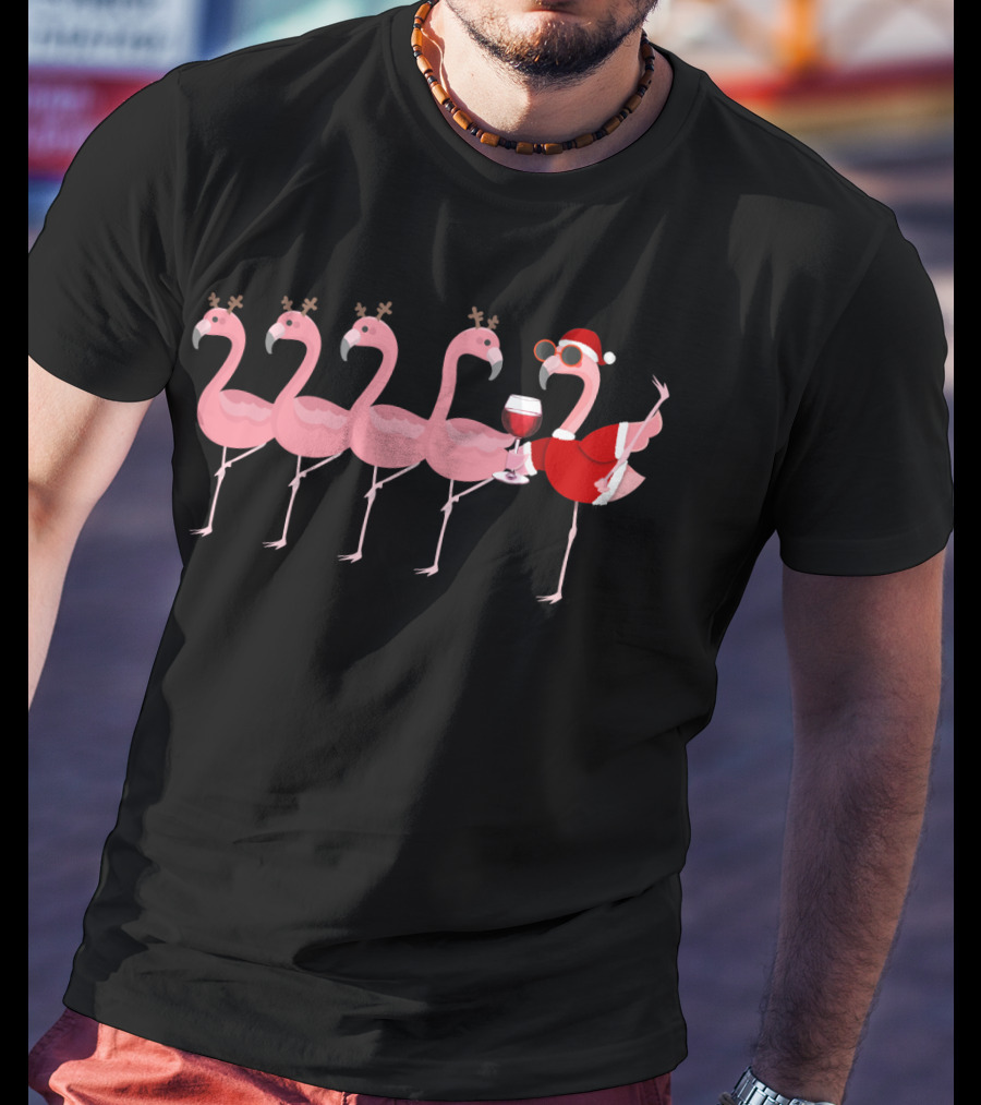 Christmas Flamingo Wine Santa Glass Holiday Party Reindeer Antlers T-Shirt