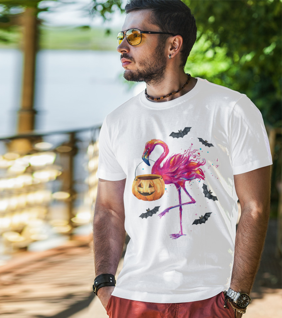Flamingo With Halloween Pumpkin And Flying Bats T-Shirt