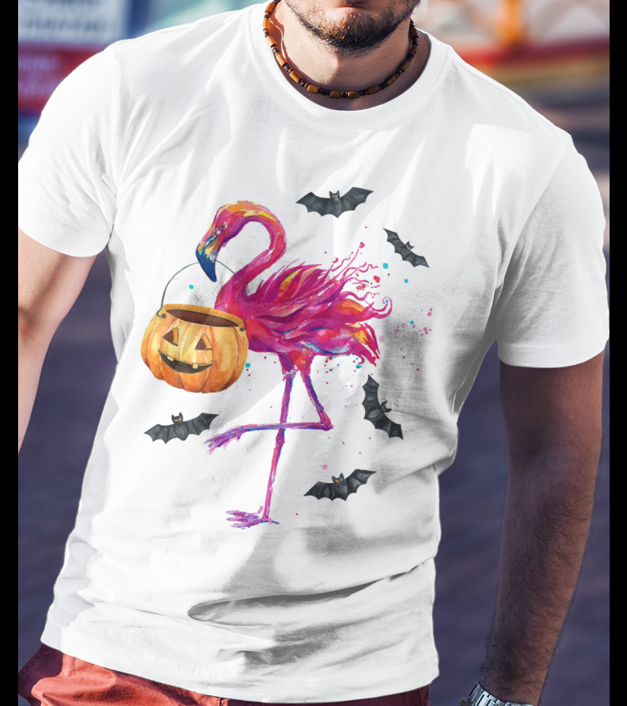 Flamingo With Halloween Pumpkin And Flying Bats T-Shirt