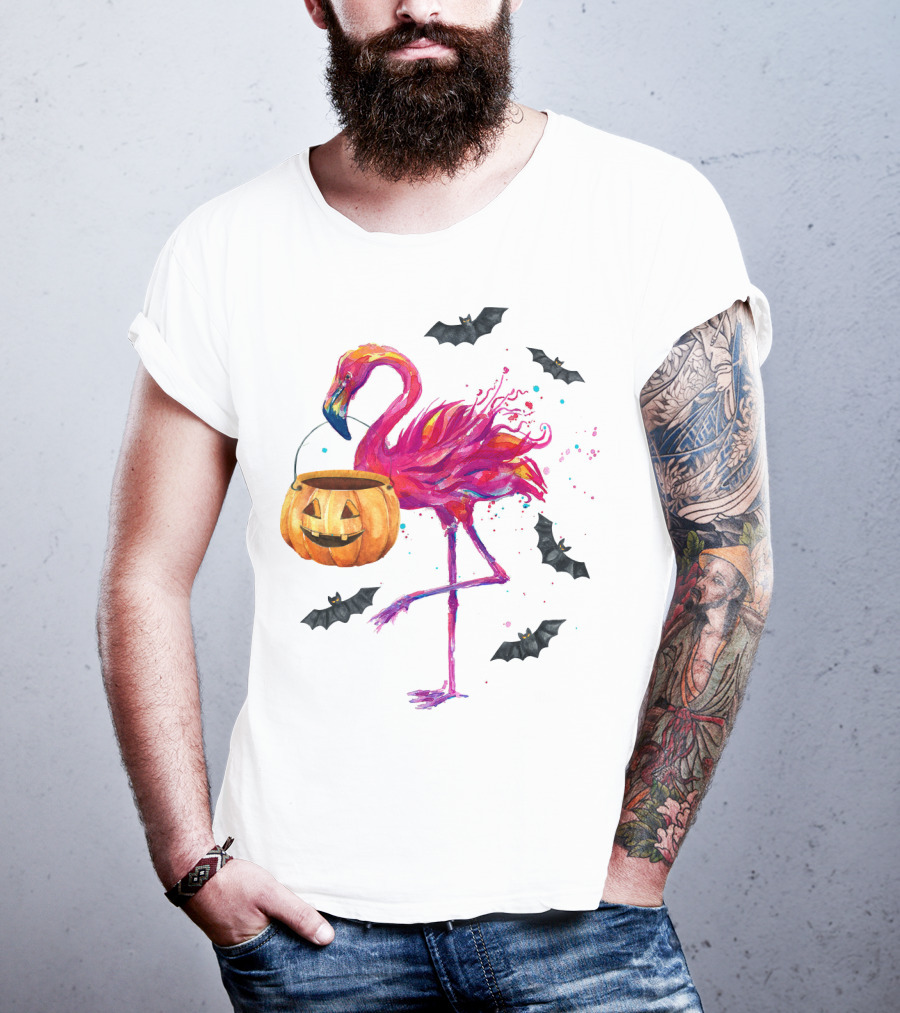 Flamingo With Halloween Pumpkin And Flying Bats T-Shirt