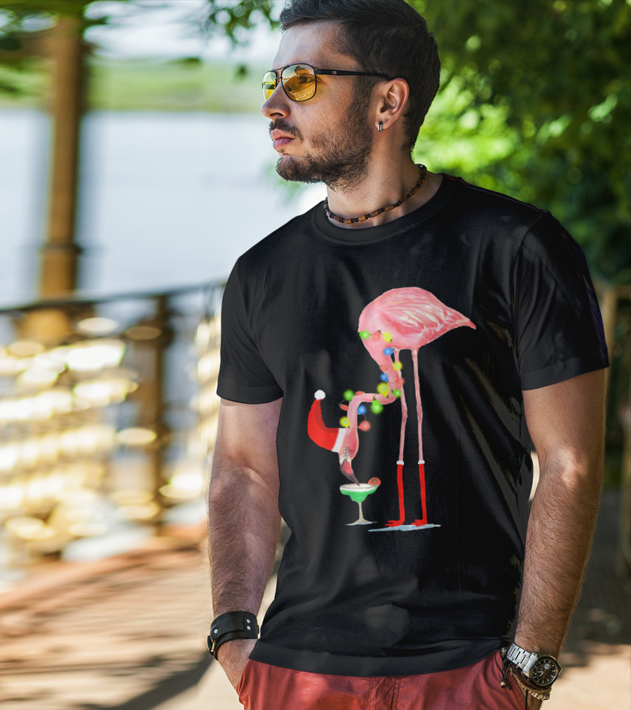 Flamingo Christmas Cocktail Santa Hat And Lights T-Shirt