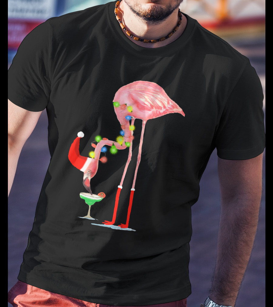 Flamingo Christmas Cocktail Santa Hat And Lights T-Shirt